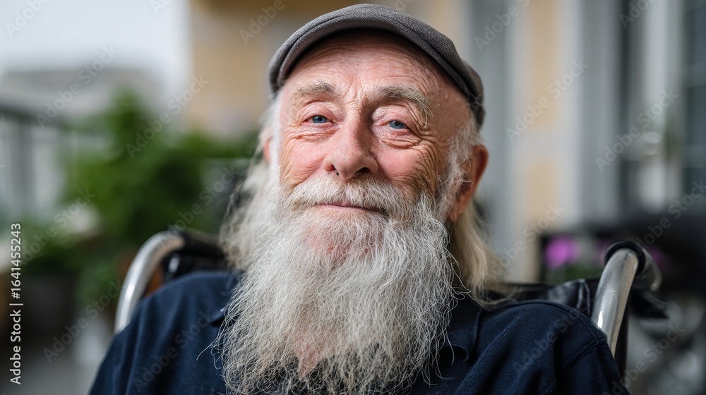 Poster man with a white hat and a beard is smiling. he is sitting in a wheelchair. scene is happy and posit