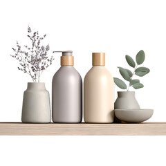  Lavender and Beige Cosmetic Bottles  and Flower on Wooden Shelf Isolated on Transparent Background.
