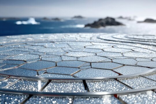 Abstract close-up of a futuristic metallic surface covered in glistening raindrops by the ocean.