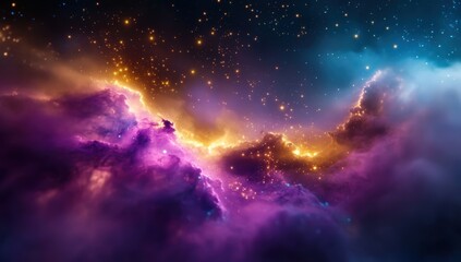 Obraz premium A vibrant cosmic nebula glows with purple, blue, and gold hues, scattered with bright stars and cosmic dust in deep space.