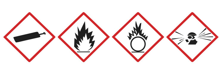 Bundle set isolated safety sign of flammable material, corrosive oxidizing agent substance, high pressure bottle tank for safety, danger, industrial sign
