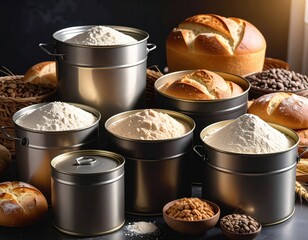 Assorted baking ingredients including flour bread and grains in metal tins and bowls on dark background for bakery or cooking concept