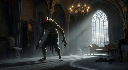 Creepy monster with red eyes in dark gothic room
