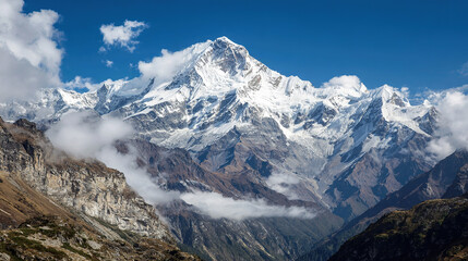 Naklejka premium Majestic Snow-Capped Mountains with Towering Peak, Panoramic View, and Contrasting Sky, Conveying Nature's Grandeur and Purity