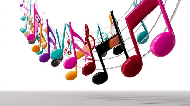 Colorful array of musical notes are arranged in a circle. The notes are of different colors and sizes, and they are arranged in a way that creates a sense of movement and rhythm