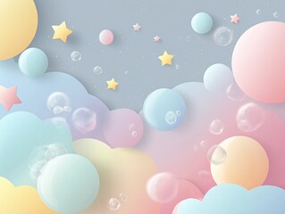 Pastel-colored abstract background featuring layered, rounded shapes, clouds, stars, and bubbles