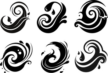 A collection of stylized water wave designs in black. The waves display various shapes and curls