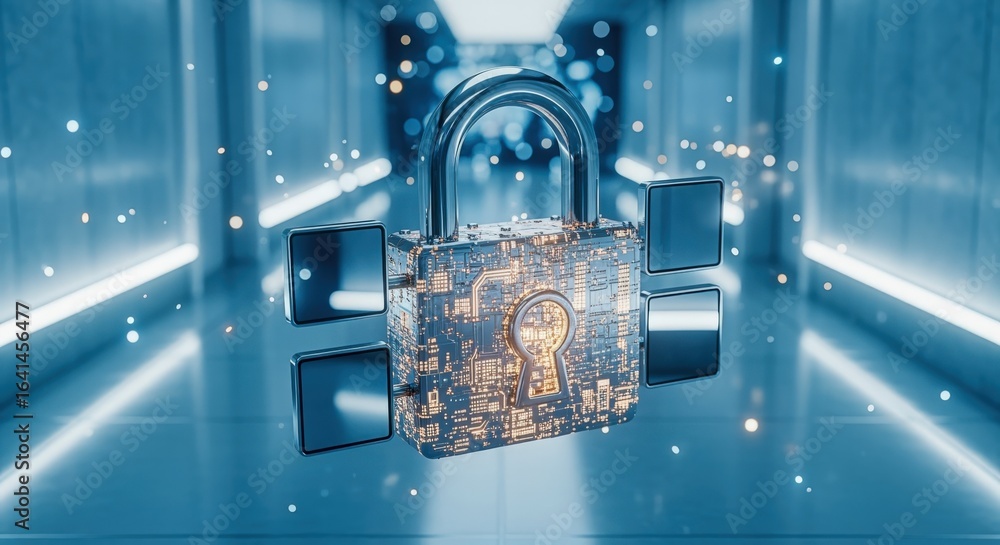 Aufkleber digital padlock with circuitry design protecting data and systems in a futuristic corridor