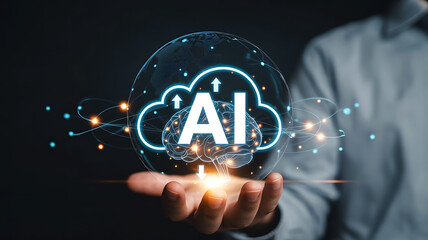 Person holding a glowing digital sphere with ai and cloud technology symbols representing future innovation