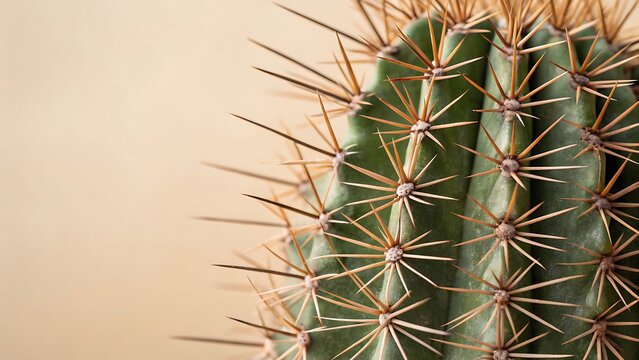 Fototapeta Closeup of a green cactus with sharp brown spines. Great for illustrating desert themes, plant care, or nature backgrounds in designs.