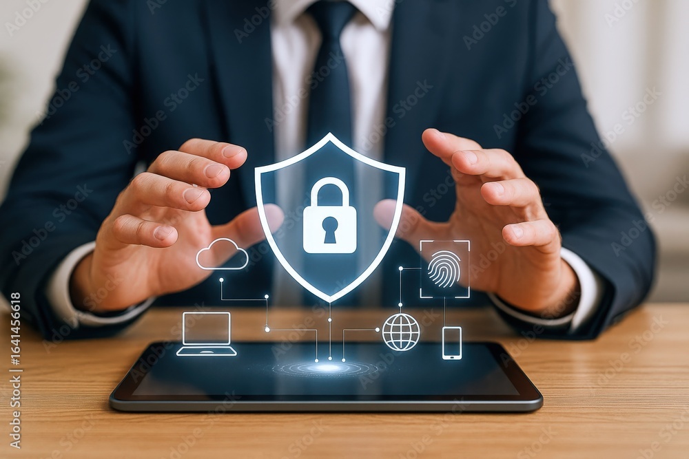 Aufkleber cybersecurity professional securing data on tablet with digital shield: protecting information and e