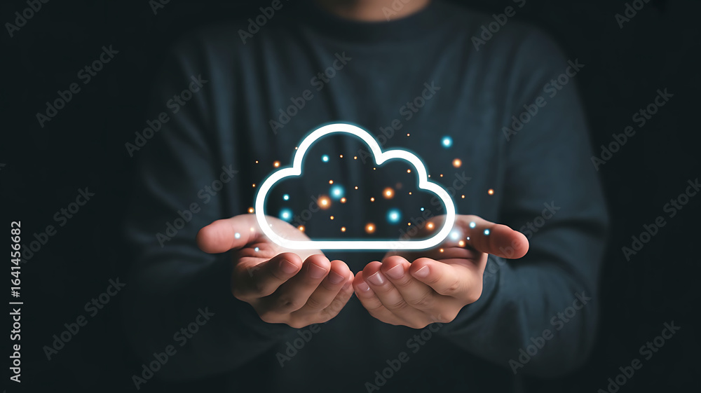 Poster person holding a glowing digital cloud symbol with colorful data points representing cloud computing