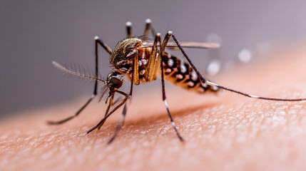 A mosquito biting with its long legs and black dots on the skin