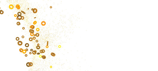Sparkling gold confetti and rings on white. Perfect for holidays, celebrations, and luxury branding.