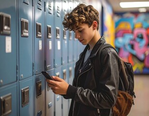 Student Holding Smartphone in Locker Area