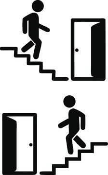 Bundle label sticker dirextion up and down stairs with arrow, isolated emergency exit building sign
