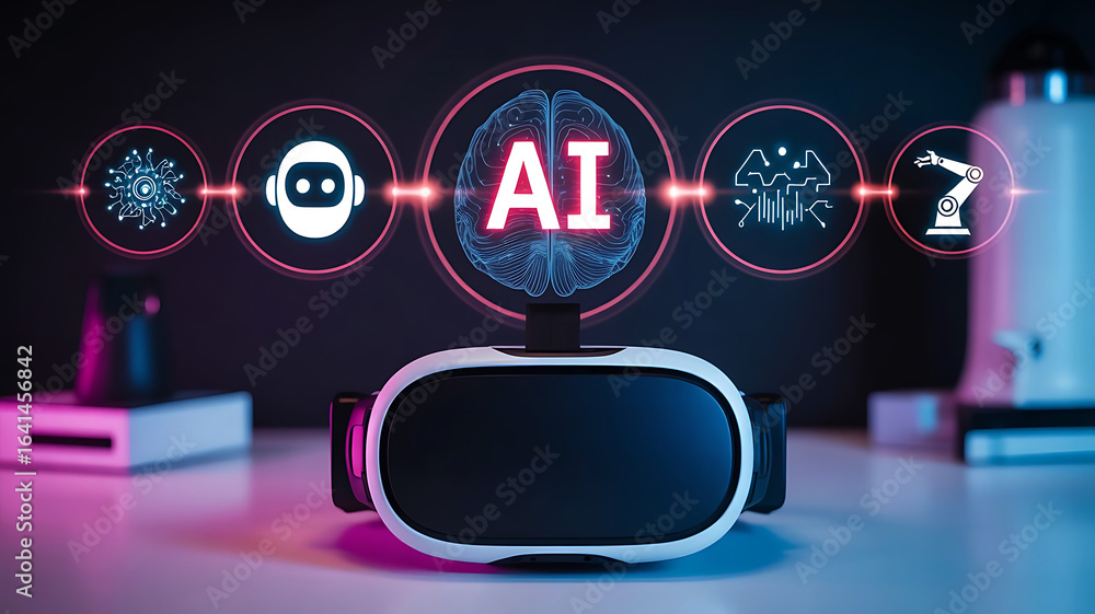 Poster virtual reality headset displaying ai technology and digital icons representing innovation and futur