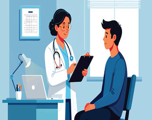A compassionate female doctor discusses a treatment plan with a young male patient in a modern clinic. Vector illustration concept.