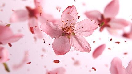 Peach blossom petals falling in slow motion, air flow visible around petals, so