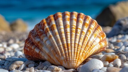 Close-up of a Sea Shell on a Pebble Beach with Azure Water Background, Beach Concept - Powered by Adobe