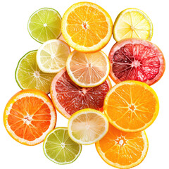Fototapeta premium Citrus fruit slices, overhead view, vibrant colors, black background, food blog