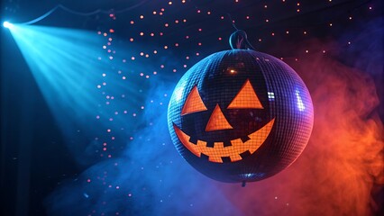 Halloween disco ball pumpkin with spooky face glowing under party lights and smoke
