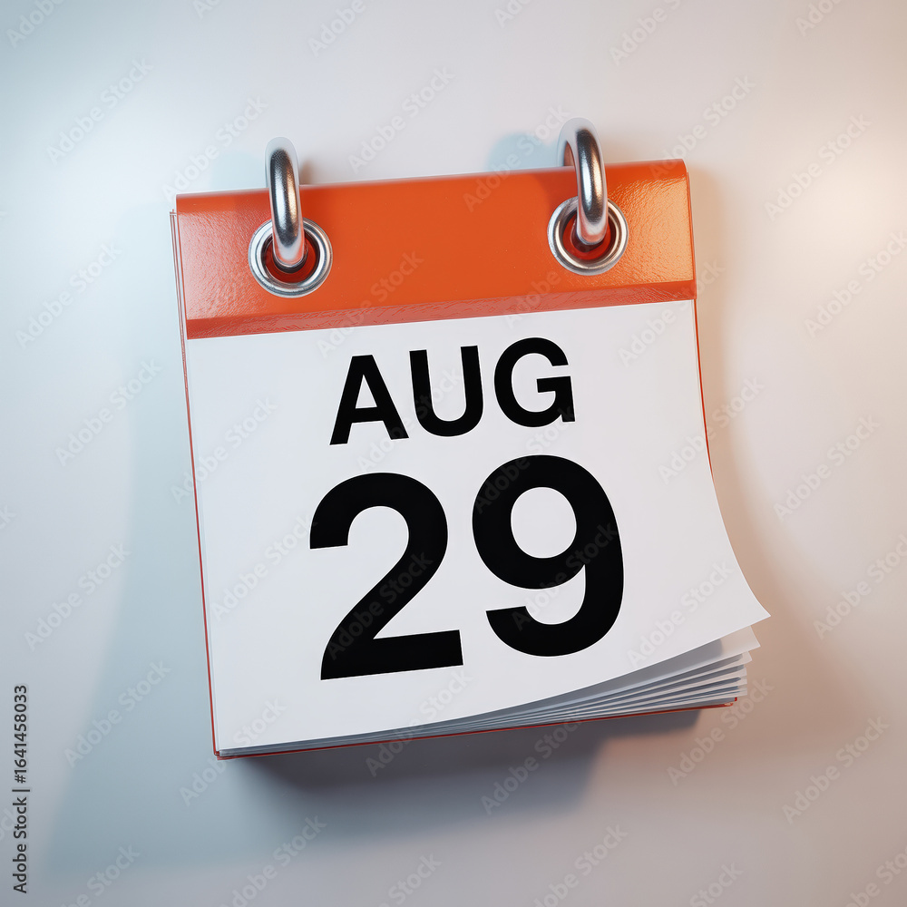 Poster august 29th calendar page displaying the date with orange header and silver rings on a white wall ba