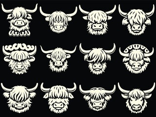 Highland cow vector collection featuring rustic farm animal head illustrations