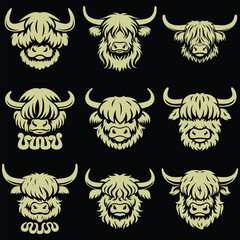 Set of Cartoon Highland Cow Heads for Mascot and Logo Design