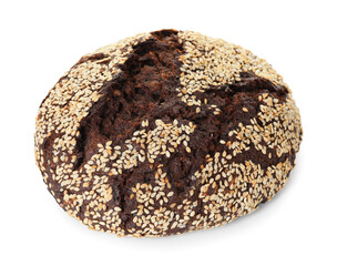 Fresh rye bread with seeds isolated on white, above view
