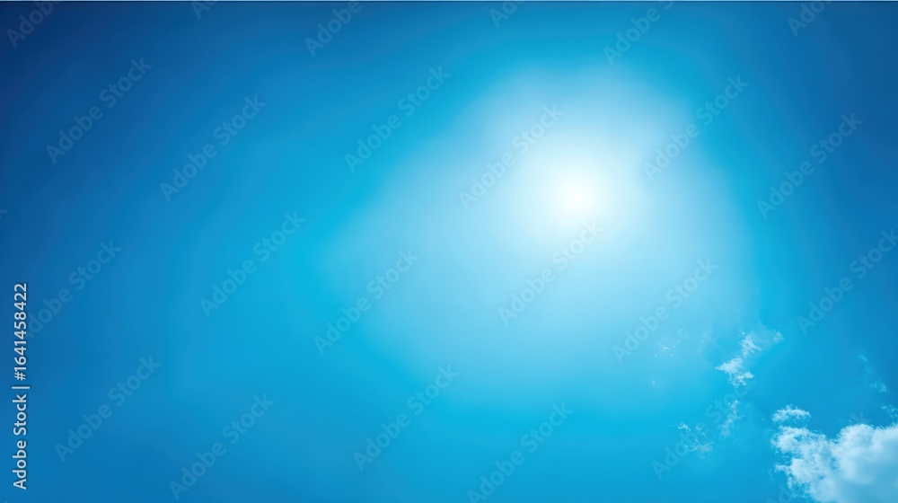 Poster bright blue sky backdrop with sunburst effect and soft clouds for abstract projects and designs