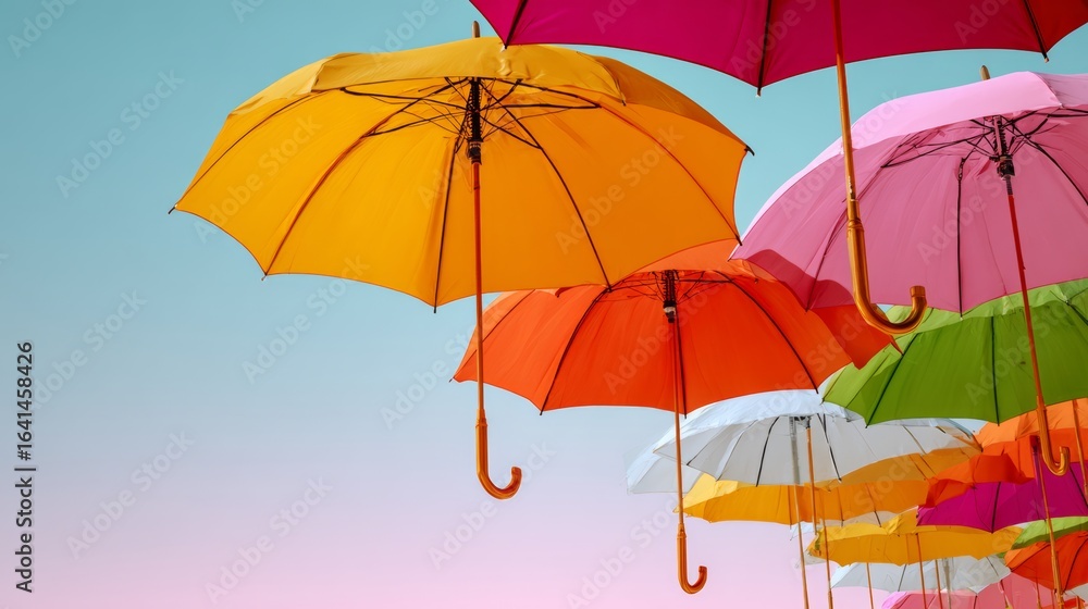 Poster row of colorful umbrellas are hanging in the air. the umbrellas are of different colors and sizes, c