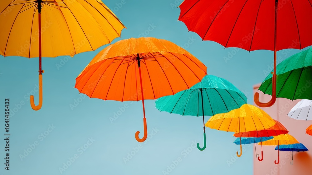 Poster row of colorful umbrellas are hanging in the air, creating a vibrant and cheerful atmosphere