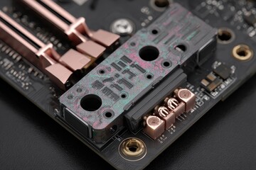 Obraz premium Macro view of a sophisticated electronic circuit board with intricate details.