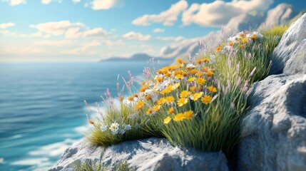 Wildflowers blooming on a cliff overlooking the ocean