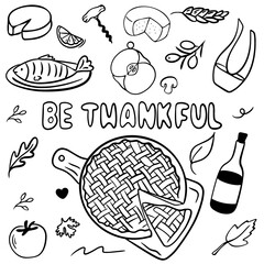 Thanksgiving Day doodles set. Traditional symbols - thanksgiving pumpkin pie, cheese, fish, lettering. Freehand vector drawings collection isolated