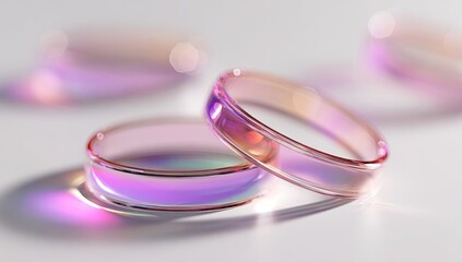 Two translucent rings,  pink and iridescent,  on a white surface