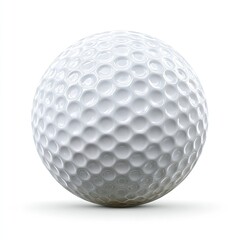 A white golf ball, perfectly spherical, rests on a plain white background.  Its surface is covered with dimpled texture