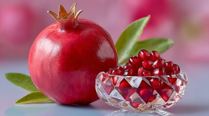 Bowl of red fruit with a pomegranate in the center. The bowl is made of crystal and the fruit is fresh and ripe