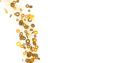 Elegant golden rings confetti on white. Perfect for holidays, celebrations, and luxury branding.