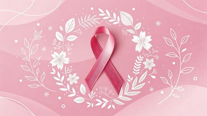 Title:
Pink breast cancer awareness ribbon surrounded by delicate floral wreath on soft pink background for charity, prevention, and health support campaign
