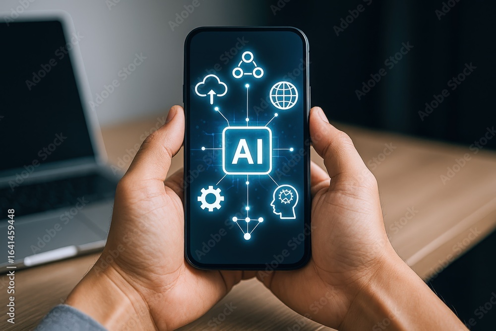 Poster artificial intelligence on mobile phone: concept of ai integration, machine learning, and future tec