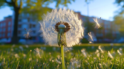 Dandelion seeds floating in wind, soft breeze movement, green grass background,