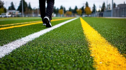 Fototapeta premium Athlete Walking on Artificial Turf Field with Yellow and White Lines, Focus on Success and Determination