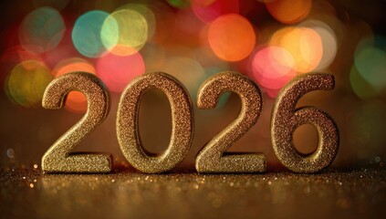 Gold 2026 numerals on a glittery surface, bokeh background