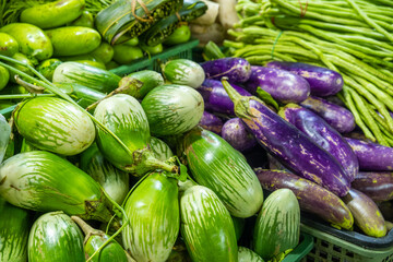 Fresh green and purple eggplants displayed for sale at local market in Phuket, Thailand. Thai market, culinary culture, organic farming