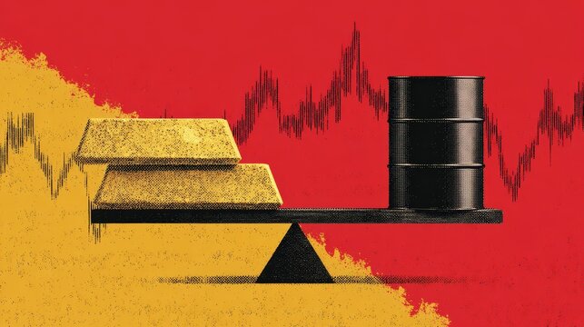 A balance scale with two gold bars on one side and an oil barrel on the other There is a line graph behind them on a red and yellow background