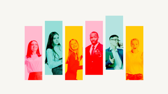 Colorful collage of diverse professionals in vibrant vertical segments. Concept of team building, workplace culture, and modern corporate diversity with energetic color tones.