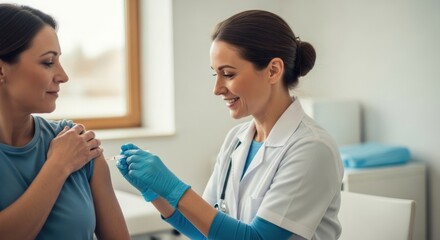 A healthcare professional giving a vaccine to a patient in a medical office.