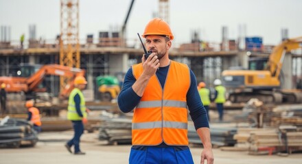 A construction worker in an orange safety vest and hard hat, using a walkie-talkie on a construction site.